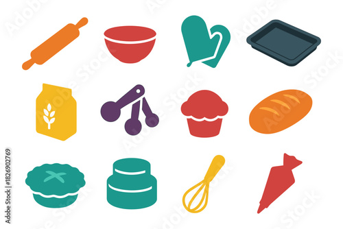 Colorful baking icons: rolling pin, whisk, oven mitts, and more kitchen essentials