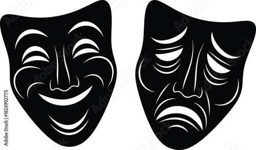 Comedy and tragedy theater masks set, happy and sad drama faces, black silhouette performance icons, cad drawing flat vector illustration.