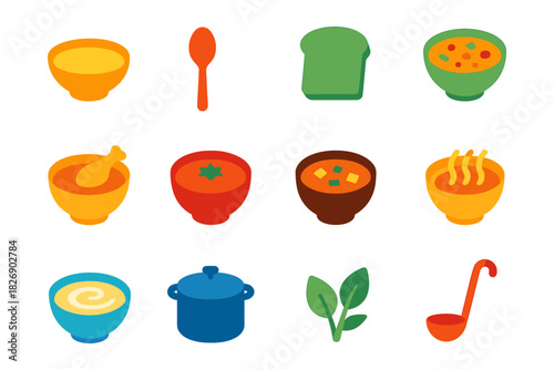 Colorful soup icons collection: flat style kitchen essentials with bowls and ingredients