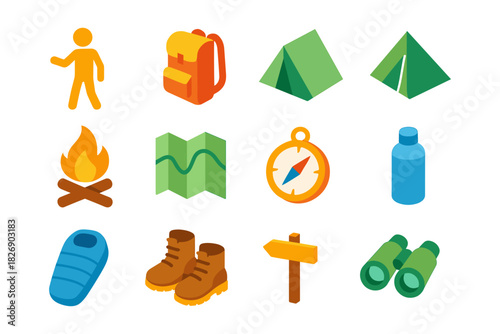 Outdoor adventure icons set featuring camping essentials in colorful isometric style