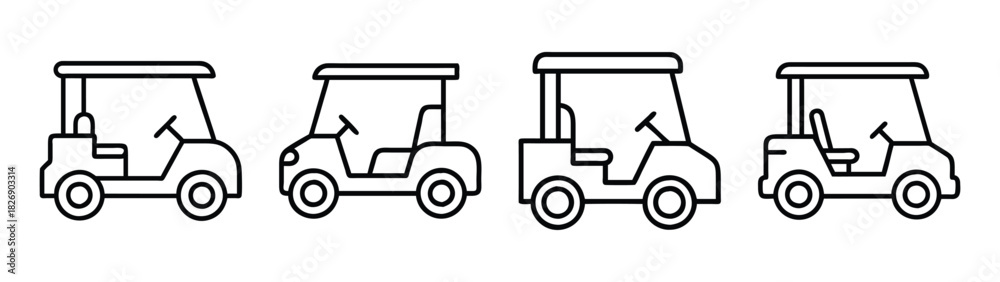Fototapeta premium Golf cart vector outline illustration set, golf carts clip art, golf buggy line drawing images