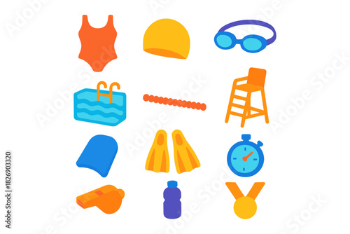 Colorful swimming gear and pool equipment icons for summer activities