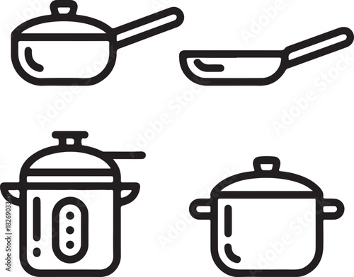 Set of kitchen utensils with cooking pots and pans isolated on white background