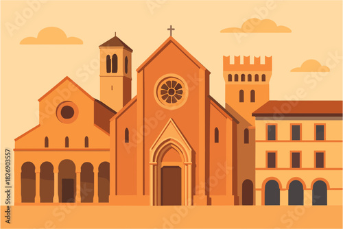 Medieval italian architecture with classic church in flat design