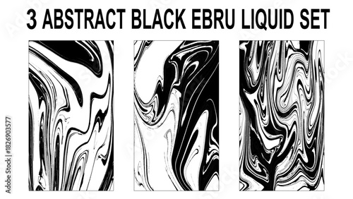 Set of abstract backgrounds. Ink marbling textures. Black and white. Hand drawn marble illustrations, ebru aqua paper and silk prints. Traditional Turkish ebru technique. 