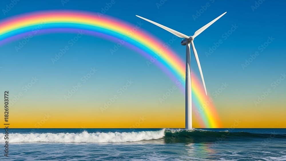 Obraz premium Experience the magic of renewable energy with a rainbow arching over a modern wind turbine on the ocean, embracing sustainable power and a bright future for the planet