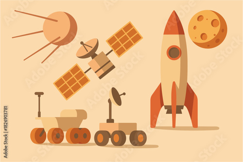 Retro space exploration: satellites, rovers, and rocket in minimalist design