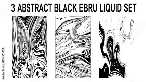 Set of abstract backgrounds. Ink marbling textures. Black and white. Hand drawn marble illustrations, ebru aqua paper and silk prints. Traditional Turkish ebru technique. 