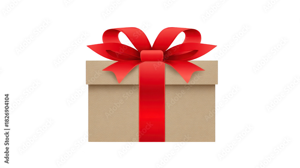 Obraz premium Gift box red ribbon beige wrapping festive present celebration surprise decorative holiday cheerful