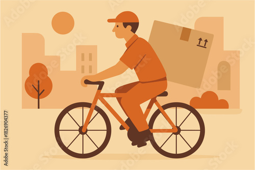 Flat design courier on bicycle delivering package in urban setting