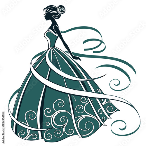 Elegant silhouette of a woman in a flowing teal gown