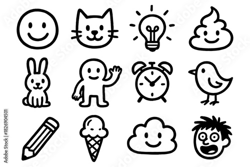 Charming doodle icons: smiley, cat, light bulb, cloud, poop, and more