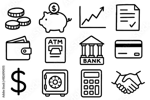 Financial icons set: banking symbols for budget and investment in linear style