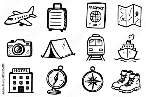Hand drawn travel icons set with airplane, suitcase, and compass