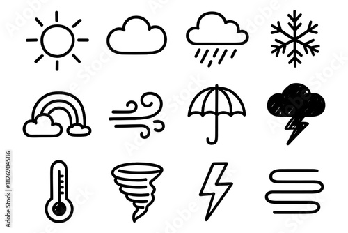 Minimalist weather icons set: sun, clouds, rain, snowflake, rainbow, and more