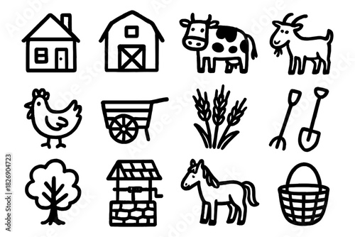 Charming farm life icons in bold black line art style