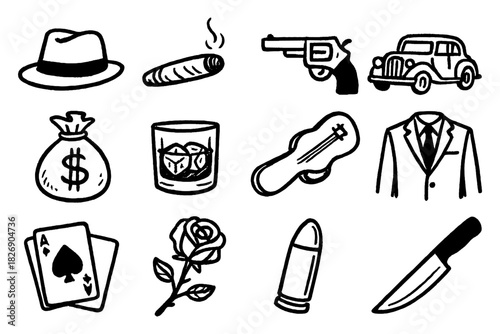 Retro noir icons: crime and mystery essentials in bold black and white