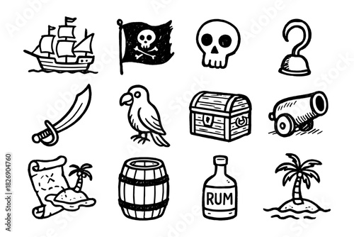 Hand drawn pirate icons: ship, skull, treasure, parrot, and more