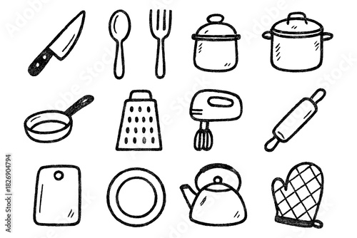 Hand drawn kitchen utensils collection: knives, pots, and more in doodle style