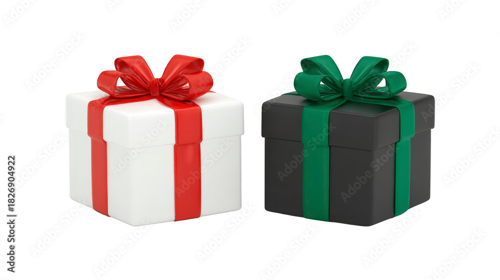 Obraz premium White gift box with red ribbon and black gift box with green ribbon, both with decorative bows, isolated on transparent background, perfect for festive, holiday, or celebration themes