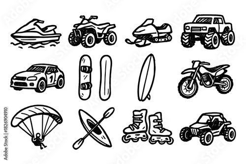 Adventure sports doodle: atv, jet ski, snowboard icons for outdoor enthusiasts