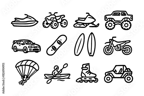 Adventure icons: water, land, and snow sports in bold hand-drawn style