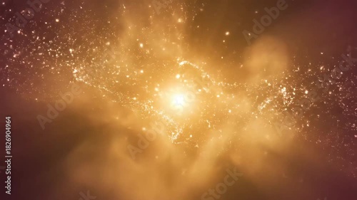 Intense bright light explosion in the center, surrounded by swirling golden energy clouds and shimmering particles, perfect for sci-fi openers and cosmic backgrounds.