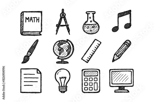 Hand drawn education icons set with math tools and school supplies