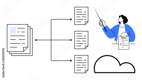 Stacked documents linked to individual files and cloud storage while a person points to process. Ideal for workflow, information management, data sharing, cloud systems, knowledge organization