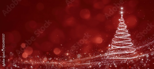 Elegant Christmas tree made of glowing white spiral lights on a soft red bokeh background with sparkling particles, idea for festive designs, seasonal marketing banners, and holiday celebration visual
