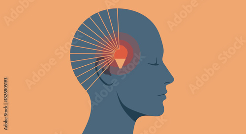 An illustration depicts a human head in profile with radiating lines and a highlighted area, symbolizing stress or a headache on an orange background.