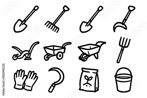Black and white gardening tools set with hand drawn style icons of shovel, rake, wheelbarrow