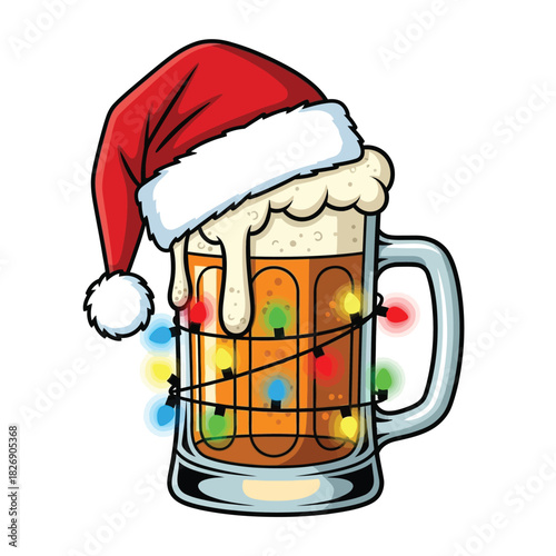Festive beer mug with santa hat and christmas lights