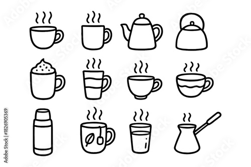 Collection of hand drawn coffee and tea icons with cups and kettle