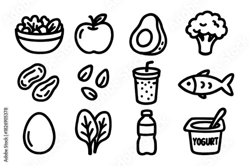 Hand drawn healthy food icons set featuring fruits, vegetables, and snacks for meal planning