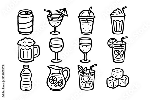 Hand-drawn beverage collection featuring various drink icons in black and white