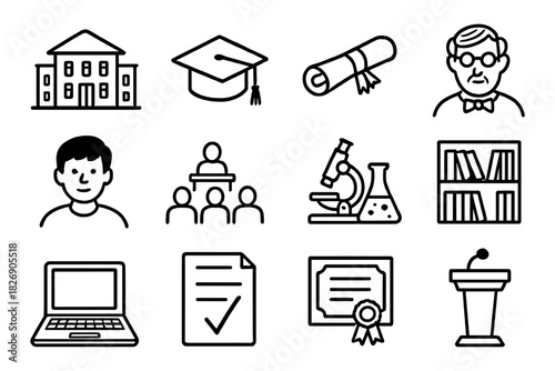 Educational icons set: school, graduation, science, library, online learning