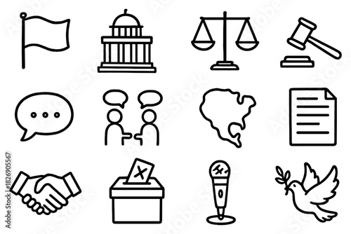 Essential icons set for politics and communication in linear style