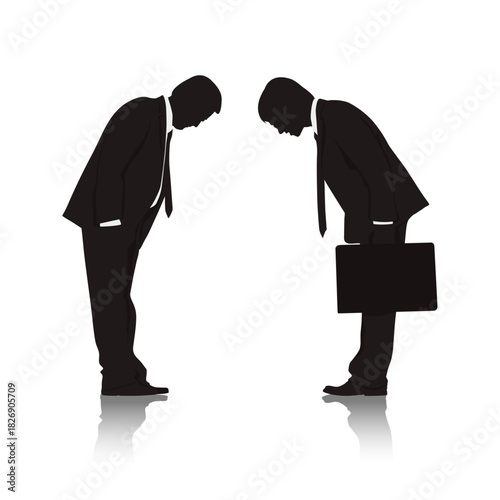 Silhouette of Respect: Two businessmen in elegant suits bow in a gesture of respect, set against a pristine backdrop, creating a compelling visual of professional courtesy.