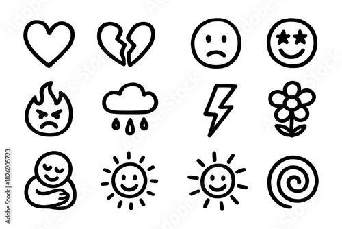 Simple handdrawn emoticons and symbols set for mood and weather