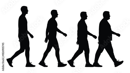 Men walking silhouettes: body progression isolated on white background, Vector