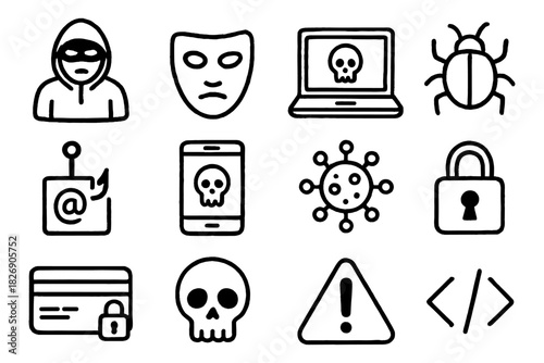 Cybersecurity threat icons set featuring linear style for digital protection