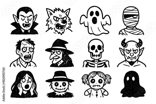 Spooky halloween characters in hand-drawn style for festive designs