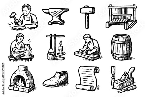 Hand drawn vintage craftsmanship tools and artisans in black and white