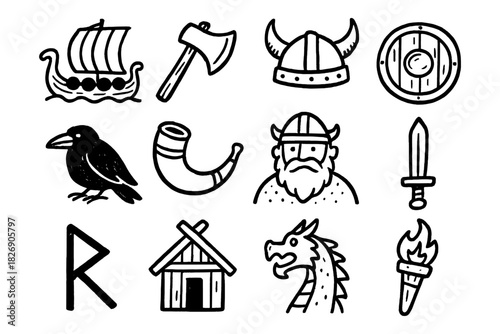 Hand-drawn viking icons set: ships, weapons, helmets, and more in black and white