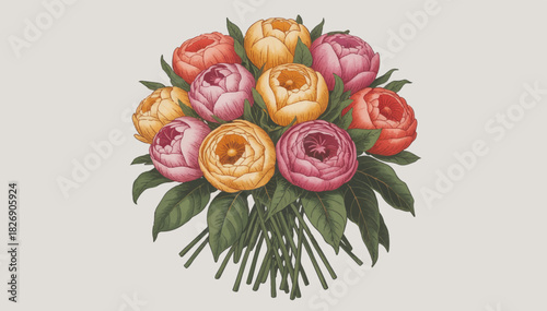 Flat color illustration of a bouquet of peony flowers on a gray background. Vector graphics. EPS.