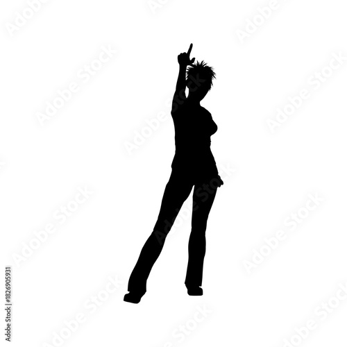 Silhouette of a person with gesture: Silhouette of a person is shown with uplifted arm and index finger raised, against the natural background.