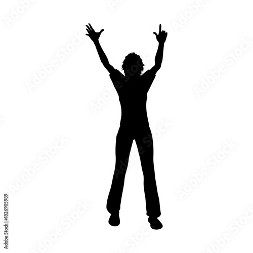 Silhouette of Triumph: A solitary figure, a dark silhouette against a bright background, jubilantly raises arms in a gesture of celebration, embodying victory, self-reliance, and achieving objectives.