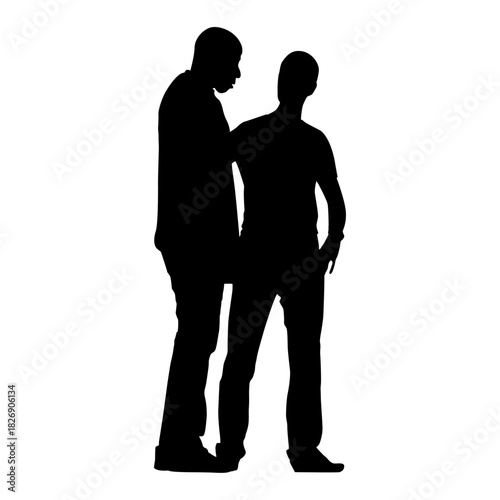 Silhouette of support: two men stand in silhouette, one offering comfort with a hand on the other's shoulder. A visual testament to strength in unity, the bond of solidarity.