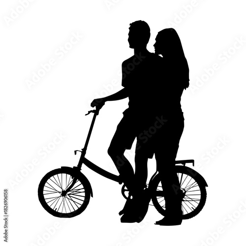 Silhouetted Romance: A couple shares a tender moment as they're silhouetted against a backdrop, with a bicycle adding a touch of adventure to the scene. Embracing each other.